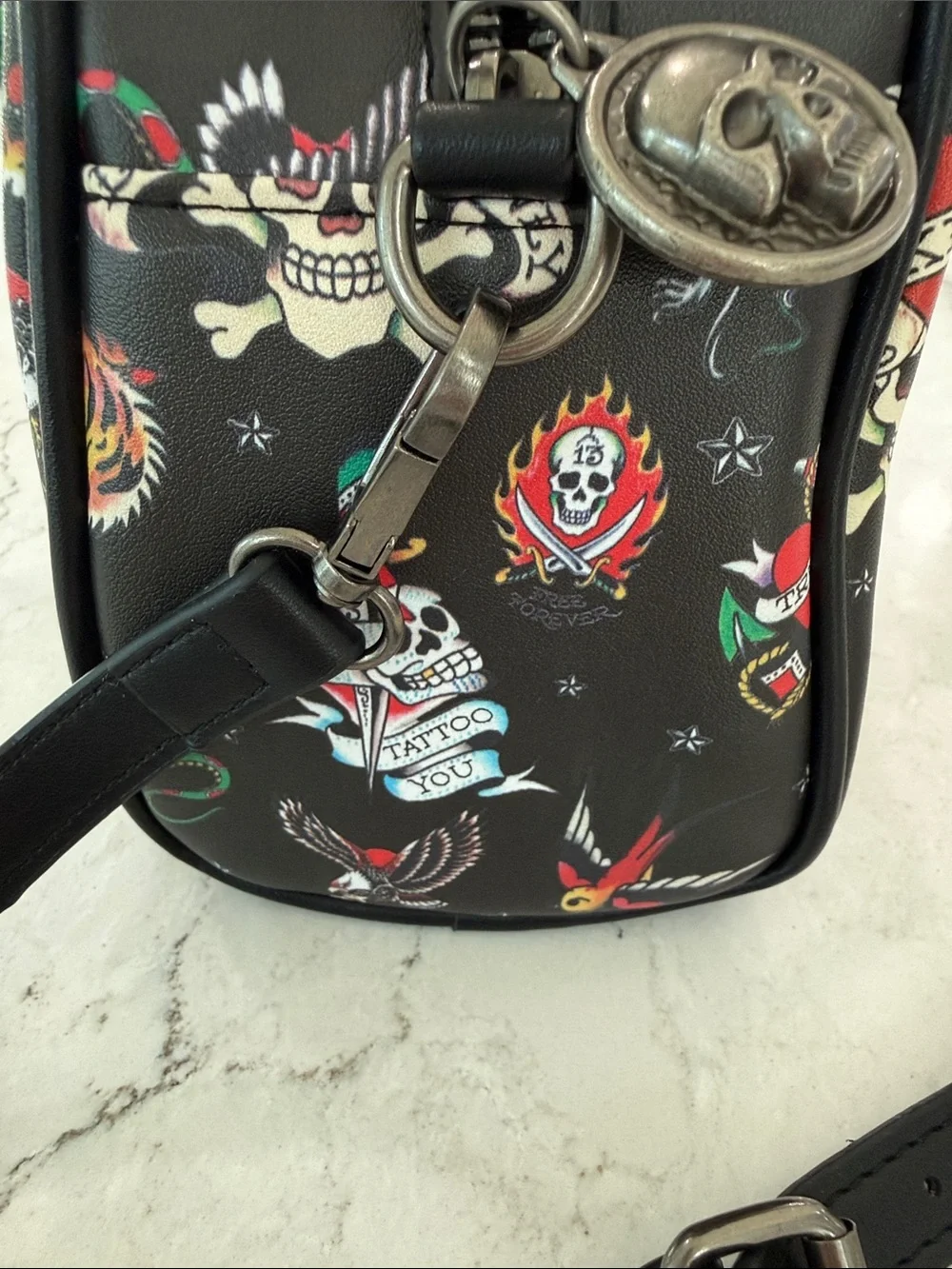 Ed Hardy Y2K Tattoo Flash Dome Satchel Crossbody Bag Black Skull Hardware